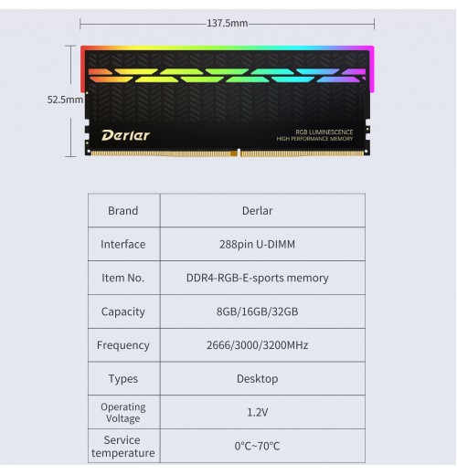 16GB Derlar Led Rgb Ram DDR4 16GB3600MHz Ram Memory For Desktop Computer